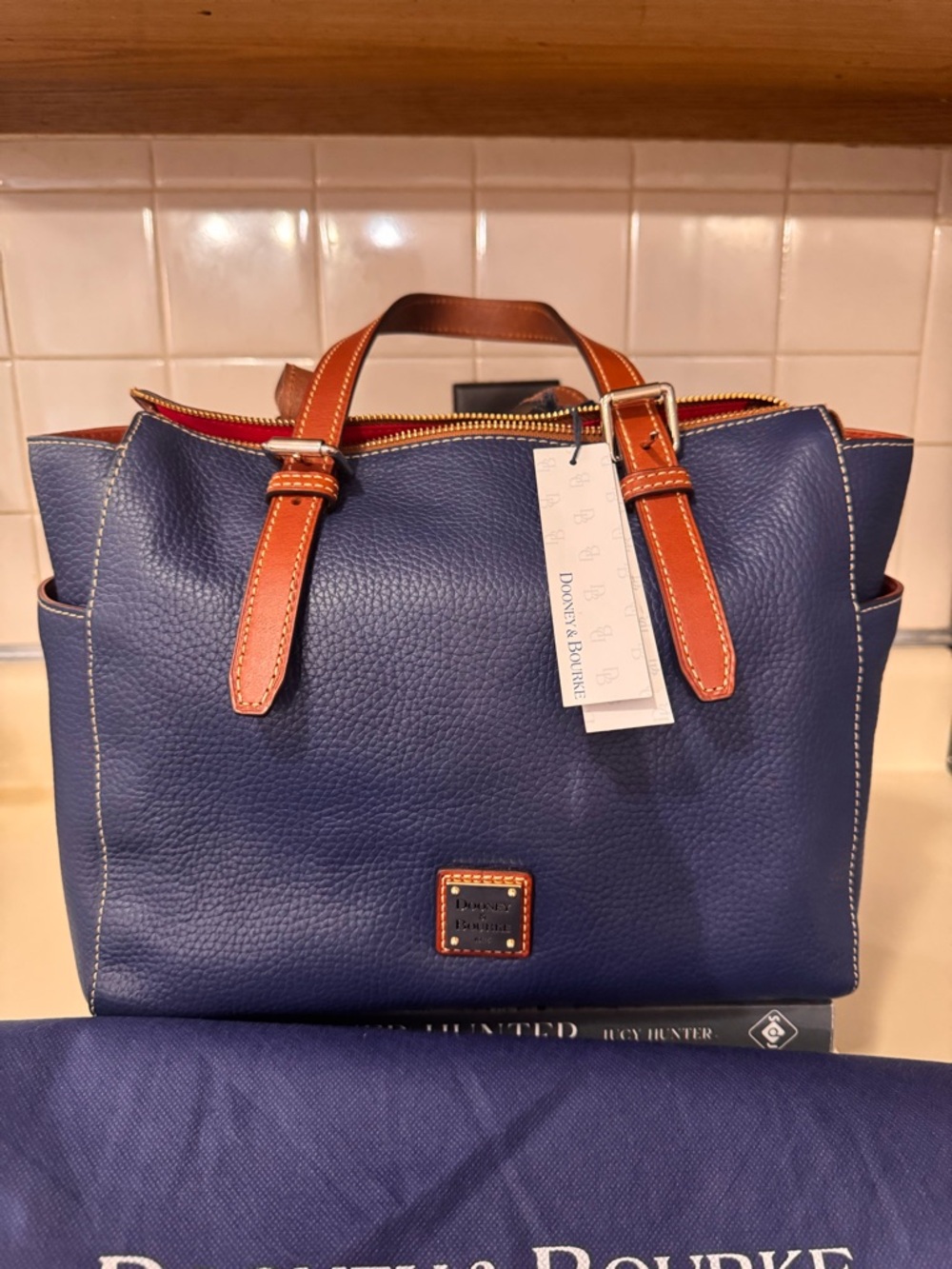 Dooney & Bourke Blue Pebbled Leather Tote with Brown Trim - Picture 2 of 11